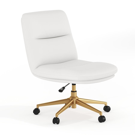 Flash Furniture Chloe Mid-Back White Padded LeatherSoft Armless Chair w/Wheels, Swivel Function, and Gold Frame CH-232174-1-WH-GLD-GG
